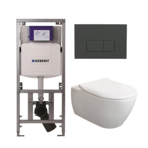 Villeroy & Boch Subway 2.0 DirectFlush CeramicPlus Toiletset - slimseat zitting - Geberit reservoir - bedieningsplaat met bedieningsplaat antraciet mat - rechthoekige knoppen - wit 0701131/SW1102377/ga26033/ga91964/