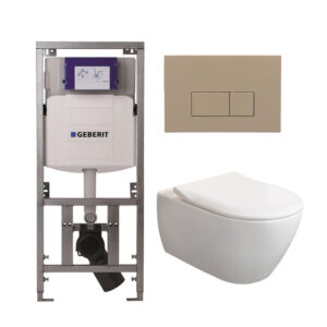 Villeroy & Boch Subway 2.0 DirectFlush CeramicPlus Toiletset - slimseat zitting - Geberit reservoir - bedieningsplaat met bedieningsplaat taupe - rechthoekige knoppen - wit 0701131/SW1102379/ga26033/ga91964/