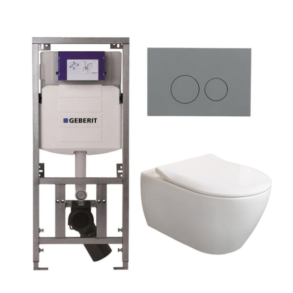 Villeroy & Boch Subway 2.0 DirectFlush CeramicPlus toiletset slimseat zitting met Geberit reservoir en bedieningsplaat licht grijs met ronde knoppen wit 0701131/SW1102374/ga26033/ga91964/