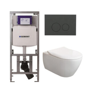 Villeroy & Boch Subway 2.0 DirectFlush CeramicPlus toiletset slimseat zitting met Geberit reservoir en bedieningsplaat mat antraciet met ronde knoppen wit 0701131/SW1102376/ga26033/ga91964/