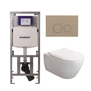 Villeroy & Boch Subway 2.0 DirectFlush CeramicPlus toiletset slimseat zitting met Geberit reservoir en bedieningsplaat taupe met ronde knoppen wit 0701131/SW1102378/ga26033/ga91964/