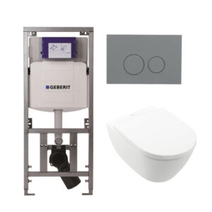 Villeroy Boch Subway 2.0 DirectFlush Toiletset - geberit reservoir - bedieningsplaat licht grijs - ronde knoppen - softclose - wit 0701131/0124060/SW1102374/ga26028/