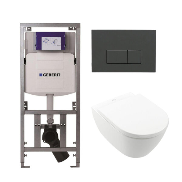 Villeroy Boch Subway 2.0 DirectFlush Toiletset - softclose - geberit reservoir - qeramiq bedieningsplaat bedieningsplaat antraciet mat - rechthoekige knoppen - wit 0701131/ga26028/SW729014/SW729113/SW1102377