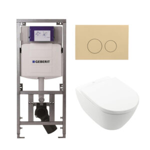 Villeroy Boch Subway 2.0 DirectFlush Toiletset - softclose - geberit reservoir - qeramiq bedieningsplaat beige - ronde knoppen - wit 0701131/ga26028/SW729014/SW729113/SW1102365