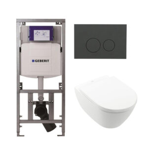 Villeroy Boch Subway 2.0 DirectFlush Toiletset - softclose - geberit reservoir - qeramiq bedieningsplaat mat antraciet - ronde knoppen - wit 0701131/ga26028/SW729014/SW729113/SW1102376