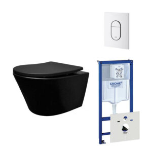 Wiesbaden Vesta toiletset spoelrandloos 52cm mat zwart Grohe inbouwreservoir softclose en quickrelease toiletzitting met bedieningsplaat wit 0729205/0729242/sw228315/