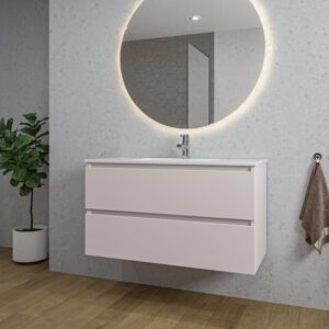 Adema Chaci Badkamermeubelset - 100x46x57cm - 1 keramische wasbak wit - 1 kraangat - 2 lades - ronde spiegel met verlichting - mat cotton (beige) SW1122823/SW804532/SW161922