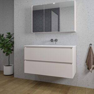 Adema Chaci Badkamermeubelset - 100x46x57cm - 1 keramische wasbak wit - zonder kraangaten - 2 lades - Spiegelkast - mat cotton (beige) SW1122823/SW773927/SW812068/SW812072