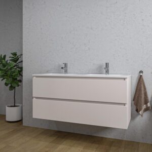 Adema Chaci Badkamermeubelset - 120x46x57cm - 2 keramische wasbakken wit - 2 kraangaten - 2 lades - mat cotton (beige) SW804533/SW1122824