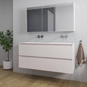 Adema Chaci Badkamermeubelset - 120x46x57cm - 2 keramische wasbakken wit - zonder kraangaten - 2 lades - Spiegelkast - mat cotton (beige) SW1122824/SW773928/SW812069/SW812072