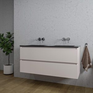 Adema Chaci Badkamermeubelset - 120x46x57cm - 2 keramische wasbakken zwart - zonder kraangaten - 2 lades - mat cotton (beige) SW773933/SW1122824