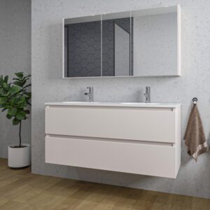 Adema Chaci Badkamermeubelset - 120x46x57cm - 2 ovale keramische wasbakken wit - 2 kraangaten - 2 lades - Spiegelkast - mat cotton (beige) SW1122824/SW718719/SW812069/SW812072