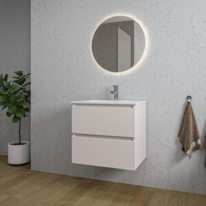 Adema Chaci Badkamermeubelset - 60x46x57cm - 1 keramische wasbak wit - 1 kraangat - 2 lades - ronde spiegel met verlichting - mat cotton (beige) SW1122821/SW804530/SW108325