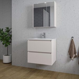 Adema Chaci Badkamermeubelset - 60x46x57cm - 1 keramische wasbak wit - 1 kraangat - 2 lades - Spiegelkast - mat cotton (beige) SW1122821/SW804530/SW812066/SW812073