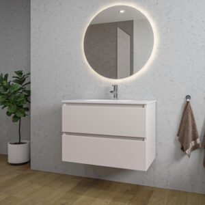 Adema Chaci Badkamermeubelset - 80x46x55cm - 1 keramische wasbak wit - 1 kraangat - 2 lades - ronde spiegel met verlichting - mat cotton (beige) SW1122822/SW804531/SW108328