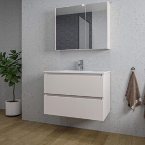 Adema Chaci Badkamermeubelset - 80x46x55cm - 1 keramische wasbak wit - 1 kraangat - 2 lades - Spiegelkast - mat cotton (beige) SW1122822/SW804531/SW812067/SW812072