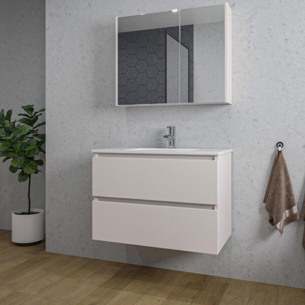 Adema Chaci Badkamermeubelset - 80x46x55cm - 1 keramische wasbak wit - 1 kraangat - 2 lades - Spiegelkast - mat cotton (beige) SW1122822/SW804531/SW812067/SW812072