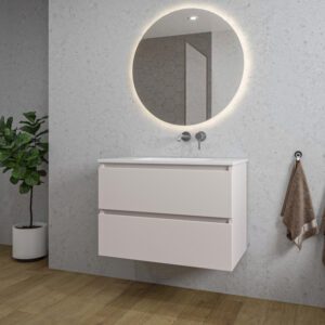 Adema Chaci Badkamermeubelset - 80x46x55cm - 1 keramische wasbak wit - zonder kraangaten - 2 lades - ronde spiegel met verlichting - mat cotton (beige) SW1122822/SW773926/SW108328