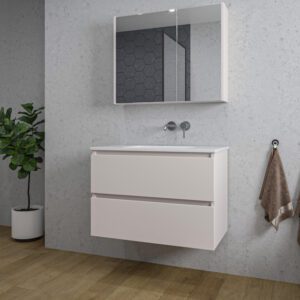 Adema Chaci Badkamermeubelset - 80x46x55cm - 1 keramische wasbak wit - zonder kraangaten - 2 lades - Spiegelkast - mat cotton (beige) SW1122822/SW773926/SW812067/SW812072