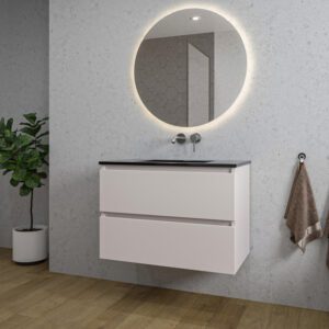 Adema Chaci Badkamermeubelset - 80x46x55cm - 1 keramische wasbak zwart - zonder kraangat - 2 lades - ronde spiegel met verlichting - mat cotton (beige) SW1122822/SW773931/SW108328