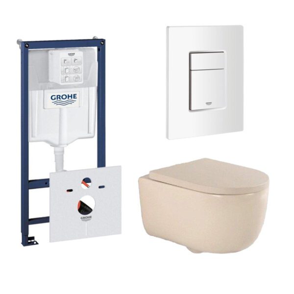 QeramiQ Dely Swirl Toiletset - 36.5x53cm - Grohe Rapid inbouwreservoir - 35mm zitting - witte bedieningsplaat - rechthoekige knoppen - beige 0720003/0729205/SW1000771/SW1026259