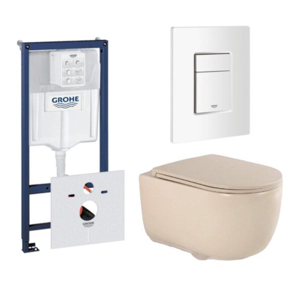 QeramiQ Dely Swirl Toiletset - 36.5x53cm - Grohe Rapid inbouwreservoir - slim zitting - witte bedieningsplaat - rechthoekige knoppen - beige 0720003/0729205/SW1000770/SW1026259