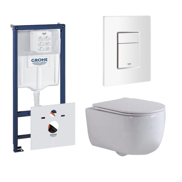 QeramiQ Dely Swirl Toiletset - 36.5x53cm - Grohe Rapid inbouwreservoir - slim zitting - witte bedieningsplaat - rechthoekige knoppen - glans wit 0720003/0729205/SW1000766/SW1026256