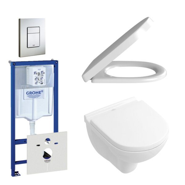 Villeroy & Boch O.Novo Toiletset - compact - softclose en quickrelease zitting - bedieningplaat verticaal/horizontaal RVS - wit 0729205/0720026/0124182/sw68867/